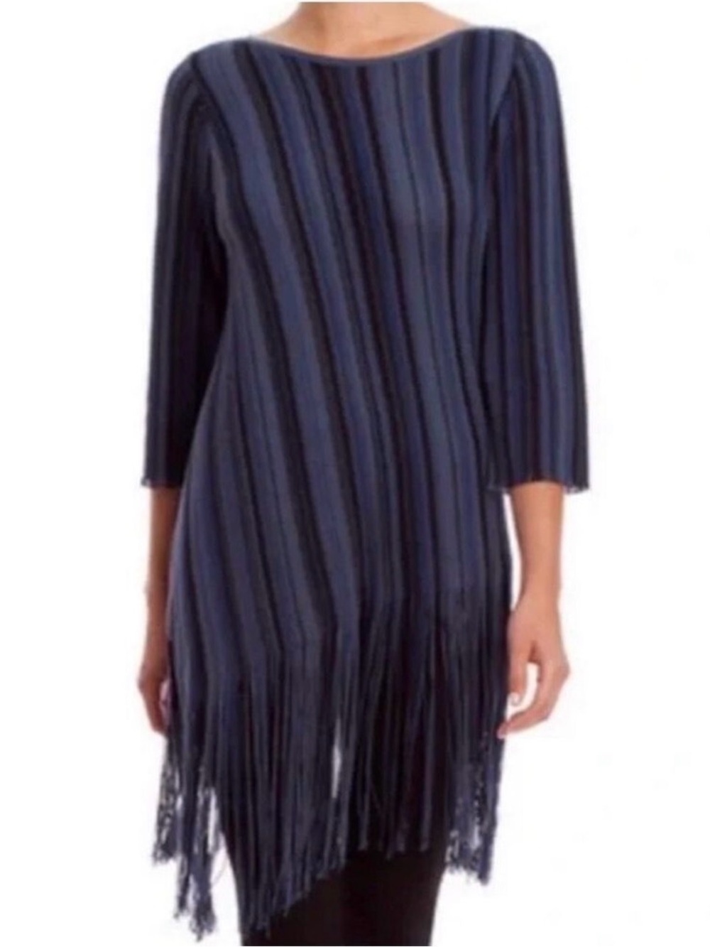 Nic Zoe blue linen blend fringe tunic top Medium Asymmetrical knit sweater